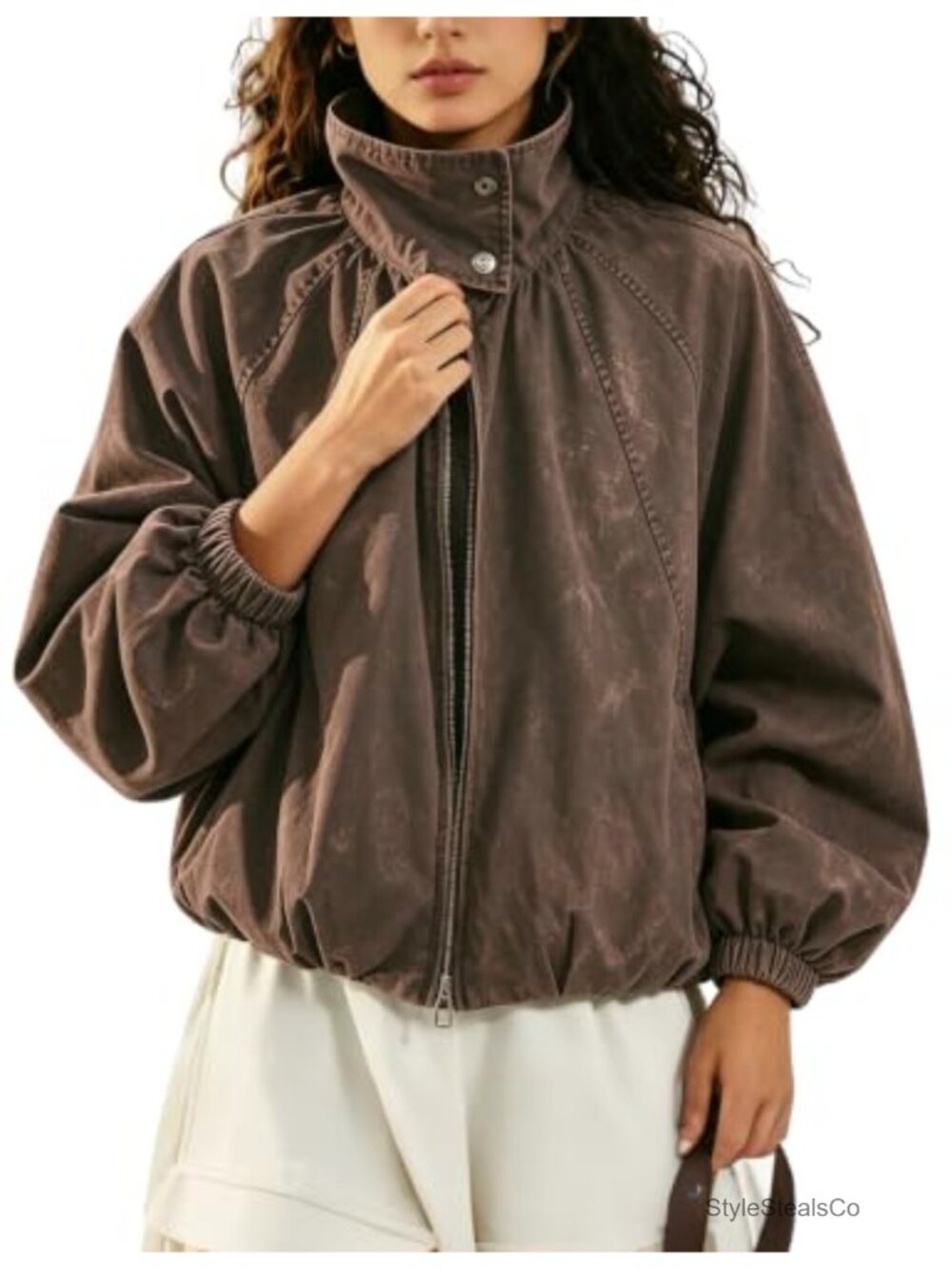 Women Cropped Cotton Jacket Zip Up Funnel Neck Casual Oversized